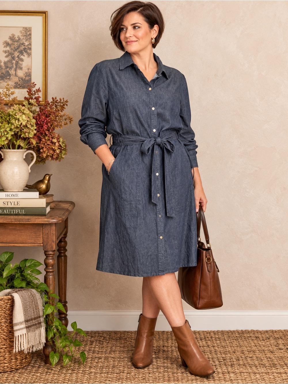 AK by Anne Klein Stretch Chambray Belted Button Front Utility Shirtdress XL